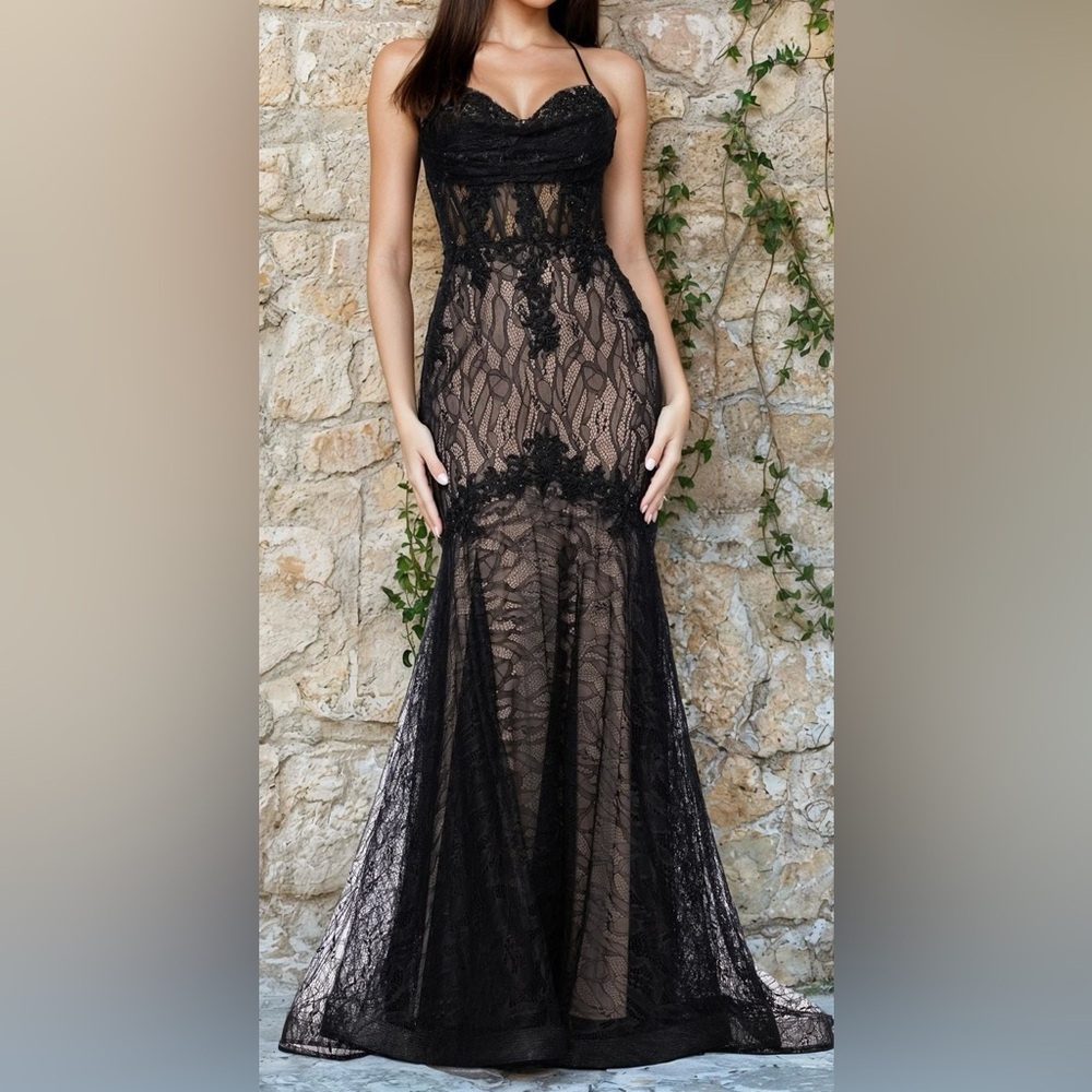 GB Lace up back embroidered lace mermaid sequin formal prom Mardi Gras gown
